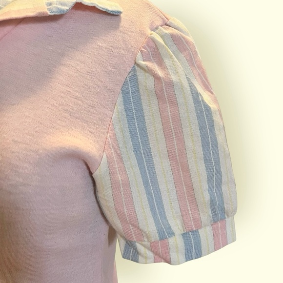 Vintage 80s Sears pink striped puff sleeve semi cropped vest top S - Picture 6 of 8